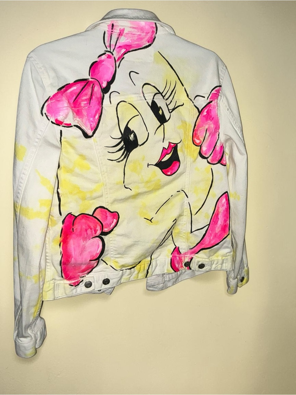 Time and Tru White Jean Jacket with Pink & Yellow Hand-Painted Design